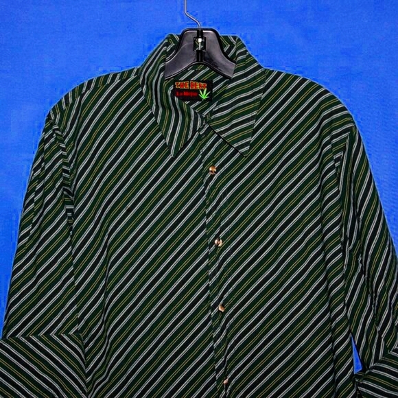 "THE BEST" Striped Button-Up Shirt - Green & Yellow - Cannabis Leaf Motif - M - Picture 3 of 6